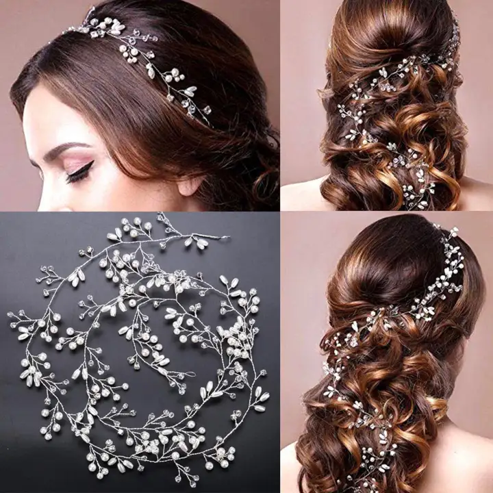 100cm Extra Long Pearls Rhinestone Bridal Hair Vine Headband