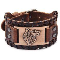 Vintage Men Dệt Bangle Da Rộng Điều Chỉnh Wolf Head Bracelet Trang Sức