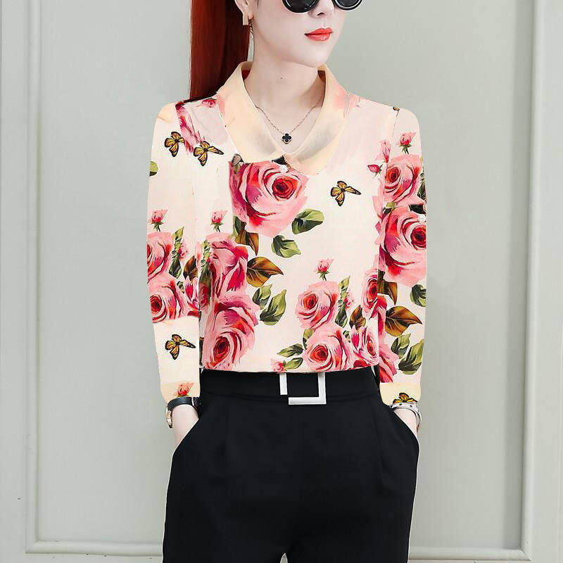 Long-sleeved Chiffon Shirt Women New Shirt Printing Small Shirt Top Clothes Large Size Western Style Bottoming Shirt