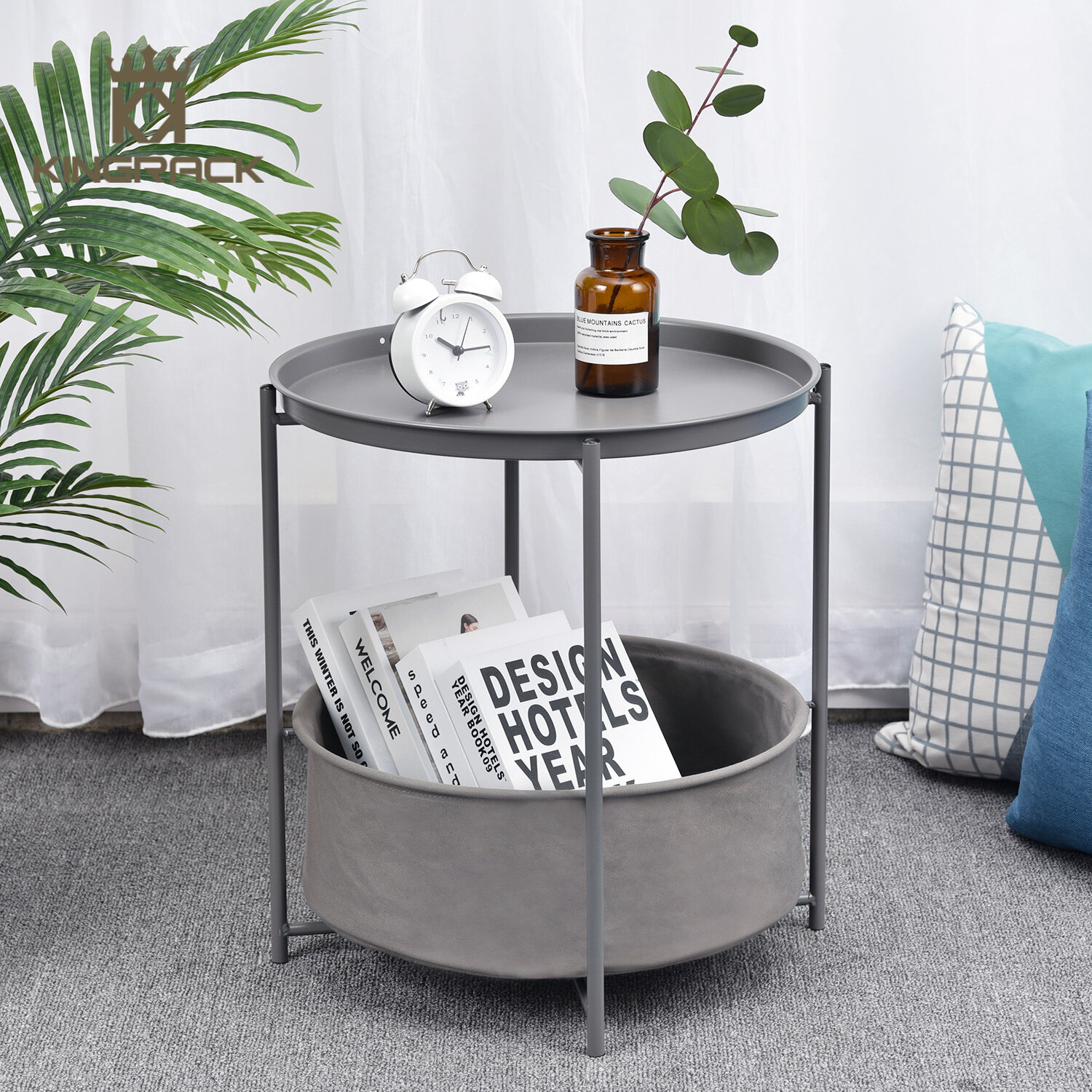 KINGRACK Round Side Table with Shelf and Storage Compartment Tray Table