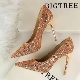 Autumn New Style Glass Slipper Golden Sequin High Heel Shoes Thin