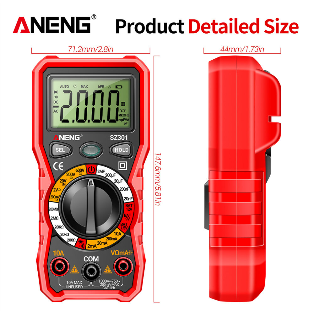 ANENG SZ301 600V Digital Multimeter 2000 Count High-precision Intelligent AC/DC Votage Current Automatic Tester Electrical Resistance Ohm Ammeter Capacitance Meter