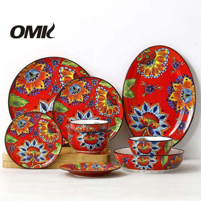 Omk phong cách Mỹ underglaze gốm bộ đồ ăn đĩa ăn tối Đĩa sâu món tráng miệng hình bầu dục khay salah bát