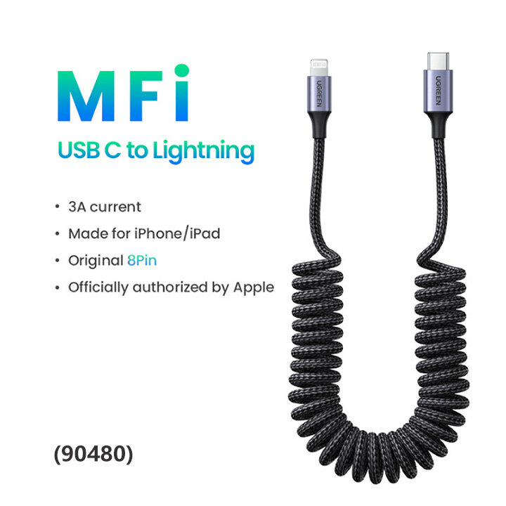 UGREEN MFi Car Spring Retractable 3A USB-C to Lightning Spring Cable PD 20W  for iPhone 14 13 12 Pro Max Fast Charging for iPad Type-C Phone Cable