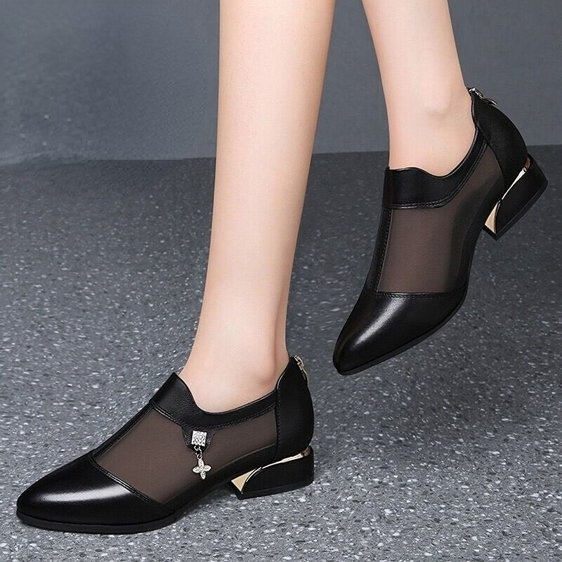 High-quality Soft Leather Sandals with Soft Soles and Thick Heels Mesh Openwork Women's Shoes and Leather Shoes