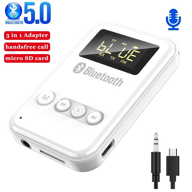 Bluetooth 5.0 Transmitter Receiver LED Display 3.5mm Jack Aux Audio TF Card slot Car FM Handsfree Call Mic Wireless Adapter For PC Speakers Car T V