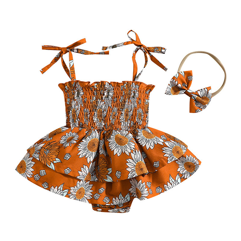 ANFUTON Newborn Girl Dress Style Romper Outfits, Sleeveless Floral Printed Tie-Up Pleated Bodysuit + Cute Bow-Knot Headband Set