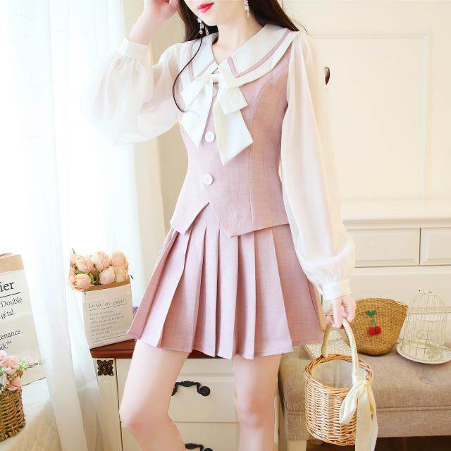 2023 Small Fresh Autumn Two-piece Set College Wind Chiffon Stitching Top + Pleated Skirt Suit