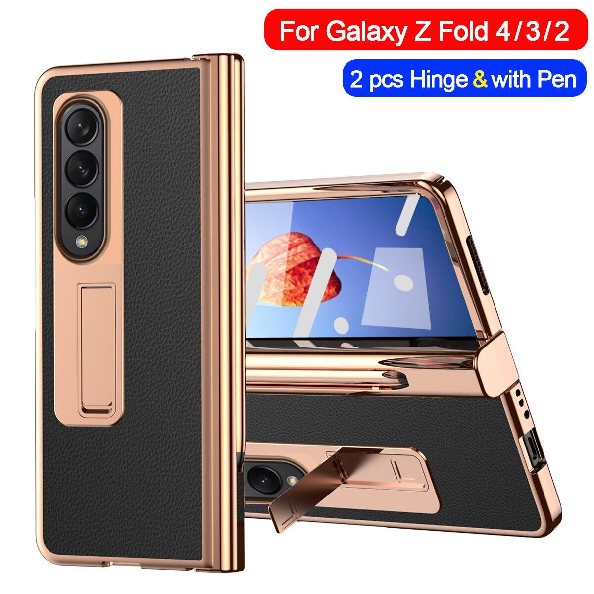[With Pen+Screen Film] FLOVEME Plating Lychee Pattern Phone Case For Samsung Galaxy Z Fold 4 Fold 3 5G Hinge Protection With Front Screen Glass Film Stand Holder Back Cover For Galaxy Z Fold 4 Fold 3