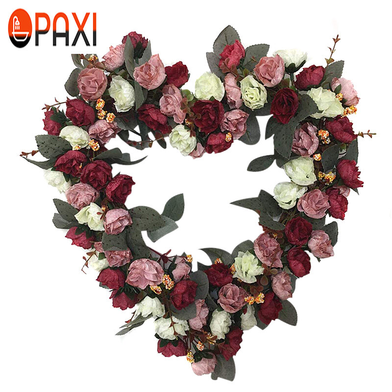 PAXI Vintage Art ดอกกุหลาบจำลองพวงหรีด36ซม.รูปหัวใจวันวาเลนไทน์ Garland ประตูบ้านตกแต่งงานปาร์ตี้งานแต่งงาน