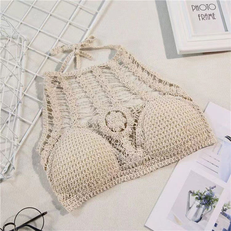 Laz Nigori bras for women Seaside beach hollowed-out hook flower open back corset with chest pad holiday bikini short outerwear top