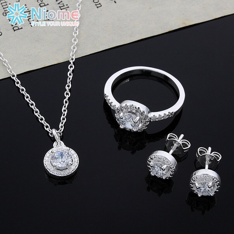 Womens Silver Plated Crystal Necklace Earring Ring Set Jewelry