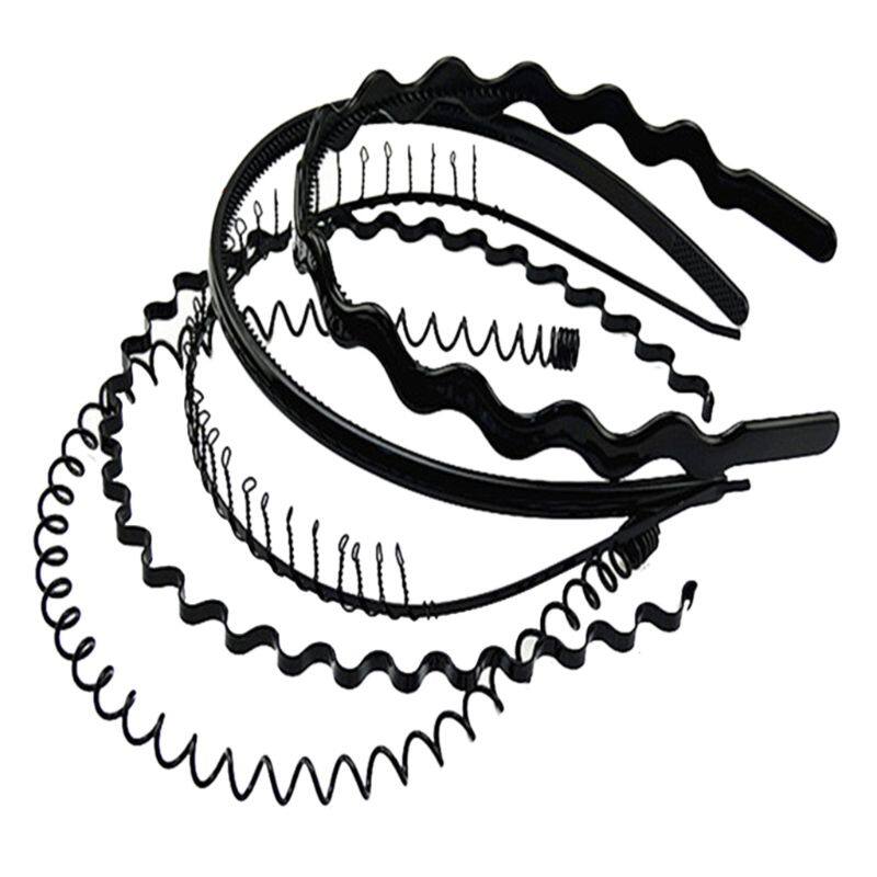 5Pcs Men Women Black Multi-Style Metal Plastic Hair Hoop Spring Wavy Spiral Headband Simple Wash Face Sports Headwear
