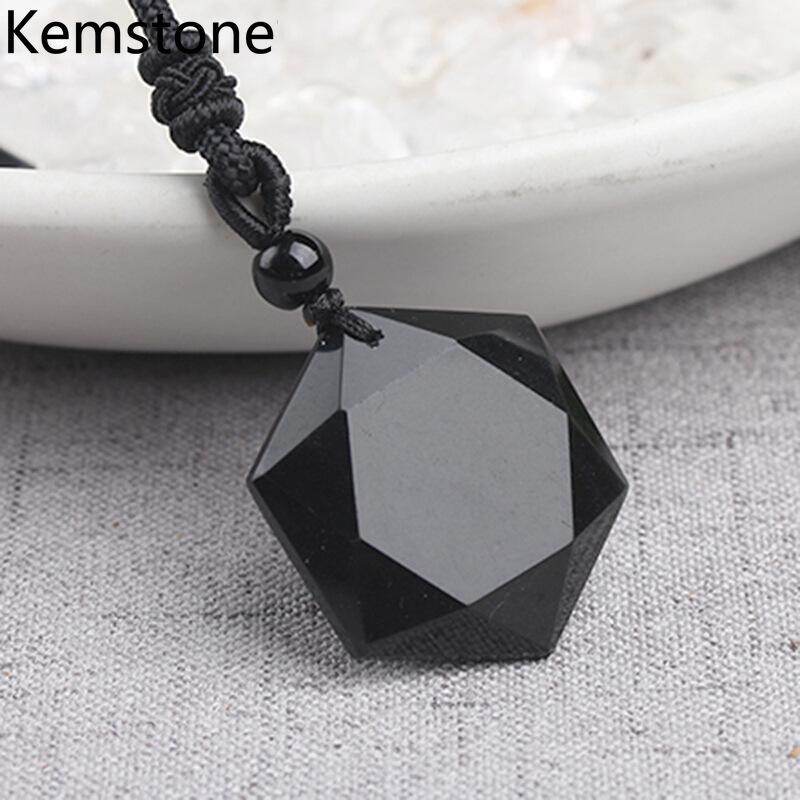 Kemstone Fashion Black Obsidian Hexagram Dull Polish Crystal Pendant Necklace for Women Men Jewelry Gifts