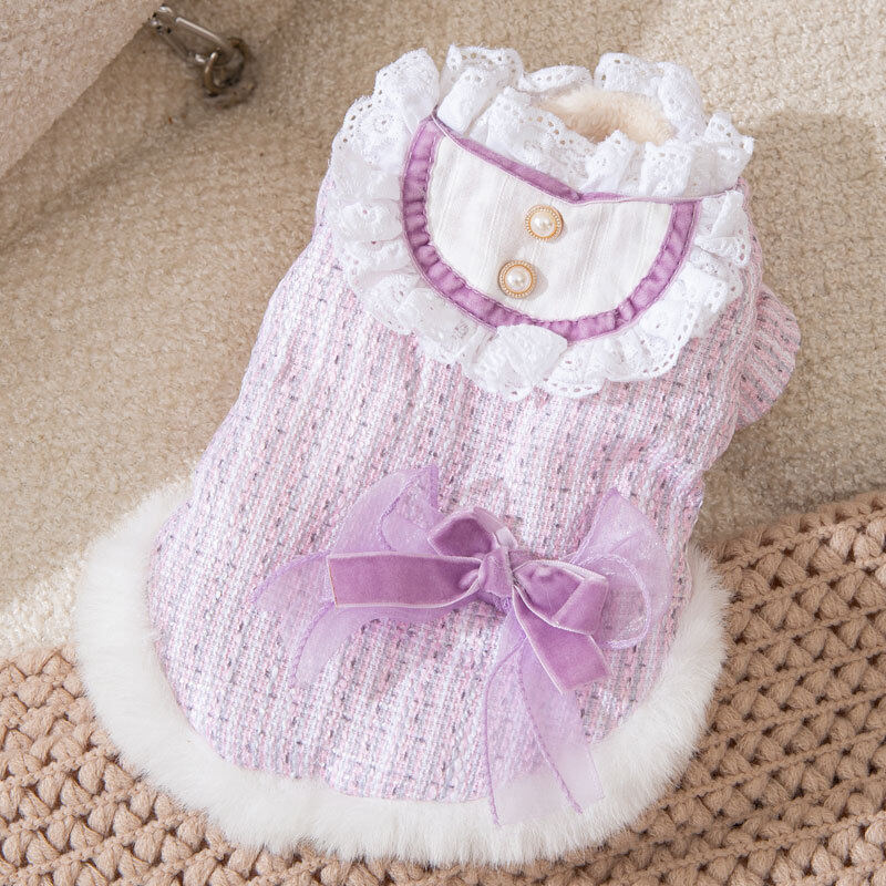 DY Loving Japanese Style Dog Clothes Maid Cosplay Soft Warm Puppy Flannel Dress Lace Collar Sister Suit with Velour Bow