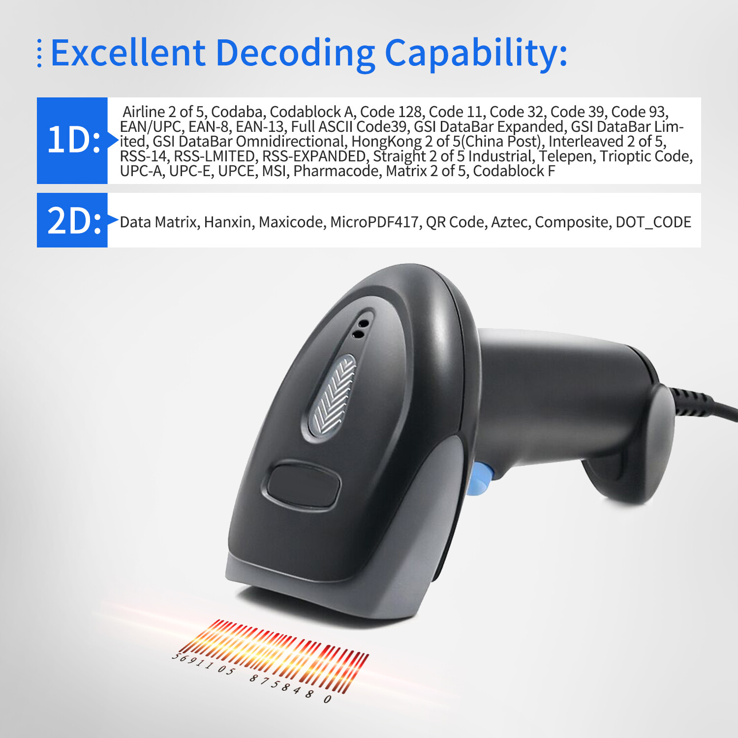 KKmoon Handheld Barcode Scanner 1D/2D/QR Code Scanner 2.4G Wireless & USB Wired Bar Code Reader Compatible with Windows Mac Linux for Supermarket Retail Library Logistics Warehouse