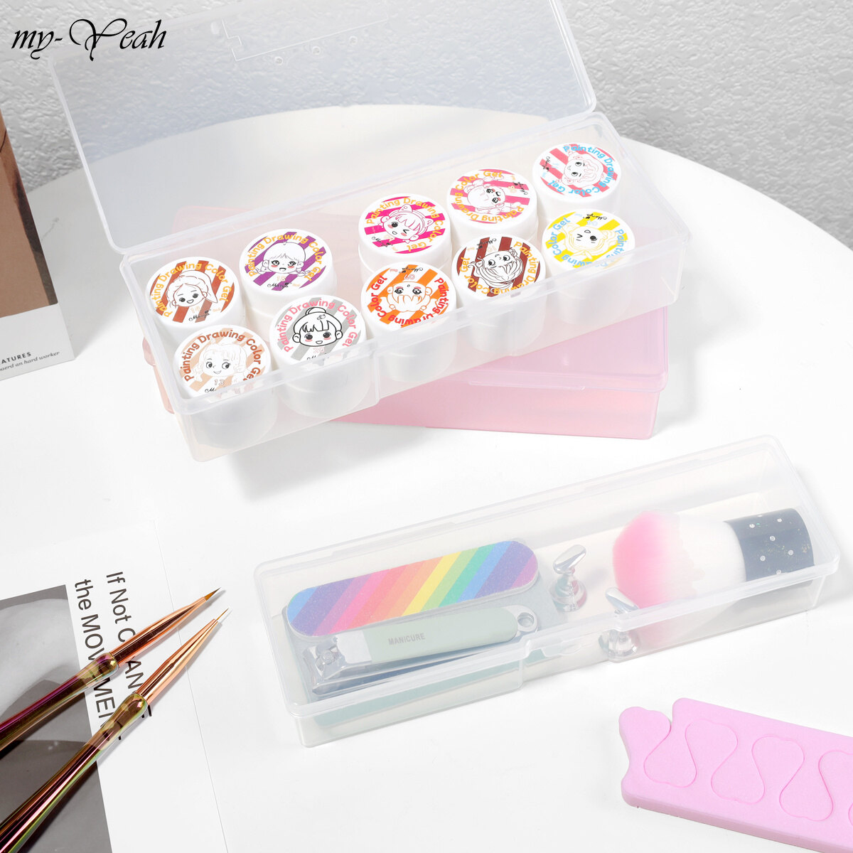Myyeah Rectangle Nail Art Tool Storage Box Plastic Empty Tweezers Clippers Nails Pens Cuticle Pusher Polishing Strip Container