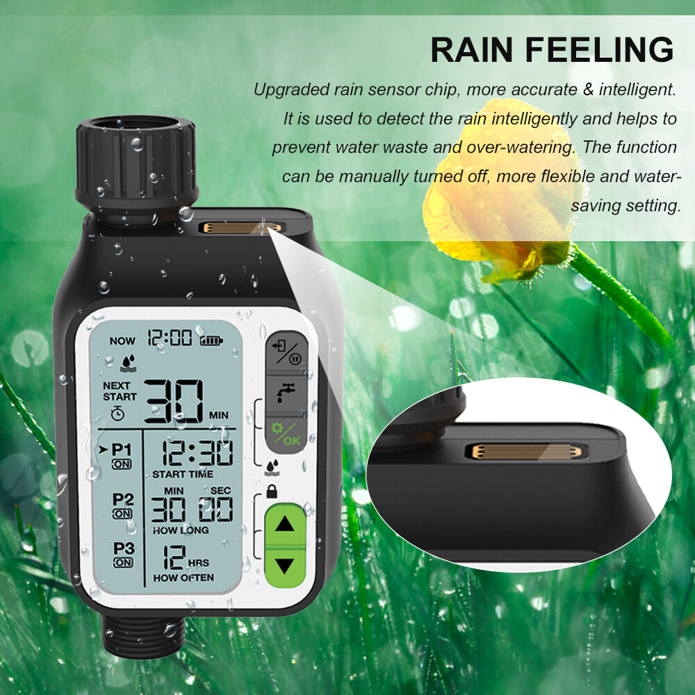 Electronic Irrigation Regulator Automatic Irrigation Timer with Large LCD Screen Waterproof Sprinkler Controller 3 Separate Timing Programs Weak Electricity Protection Rain Sensor Child Lock Outdoor Garden Watering Device Irrigation Tool