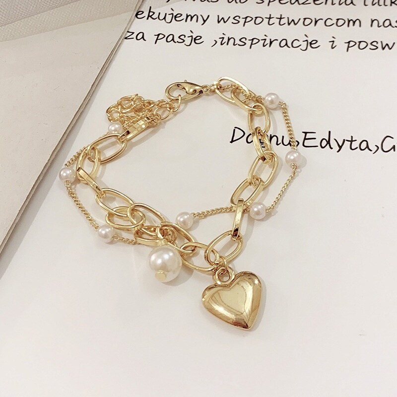 ♝ Double Layer Heart Pearl Bracelet Korean Fashion Chain Accessory Elegant Woman Pendant Bangle Gold Silver Gift