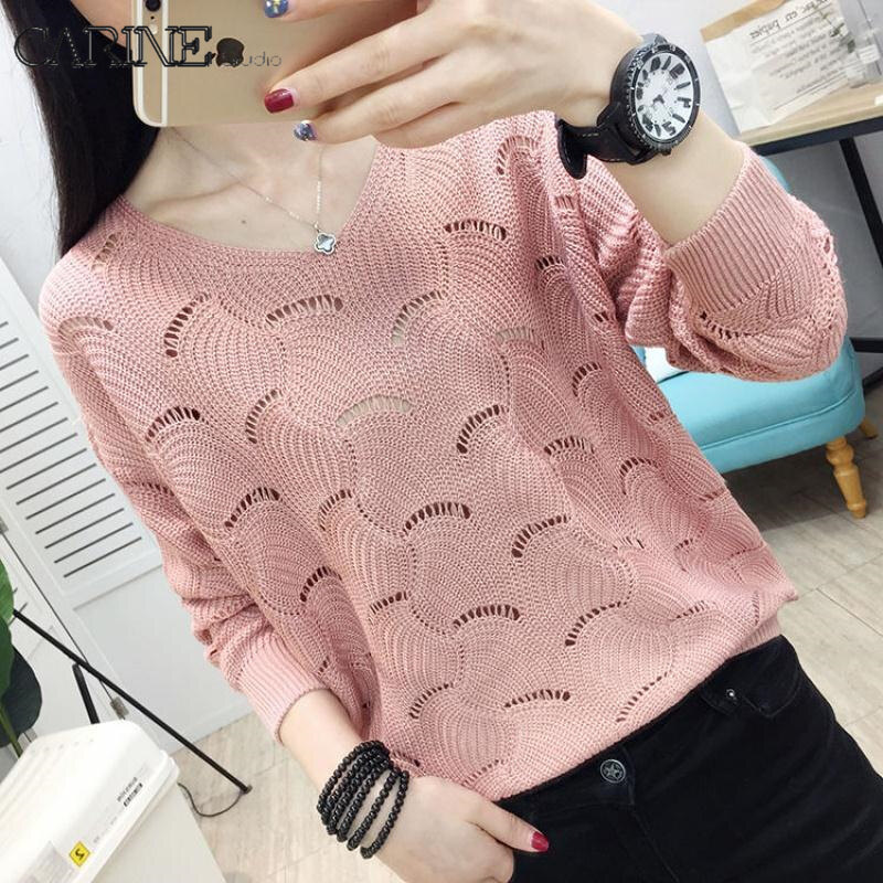 CARINE Women's top V-neck hollow-out thin sweater loose style pullover long-sleeved sweater