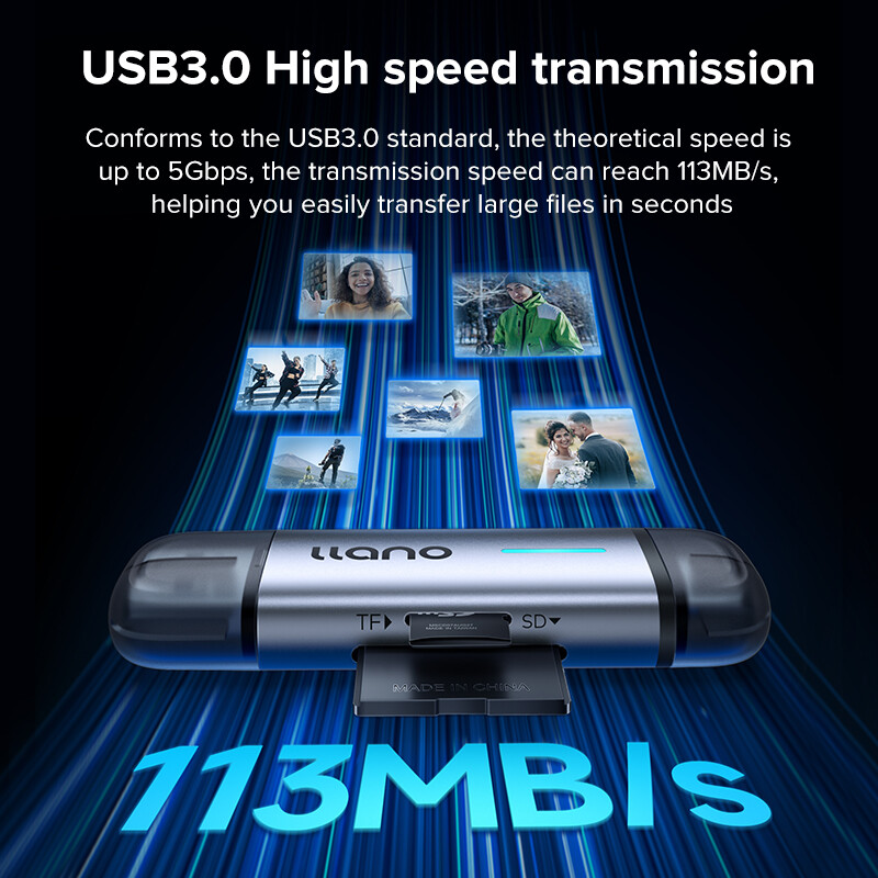 LLANO Card Reader Type-C USB 3.0 SD TF Micro SD Memory Card Reader with dual-interface Support Simultaneous Reading for PC Phone Tablet