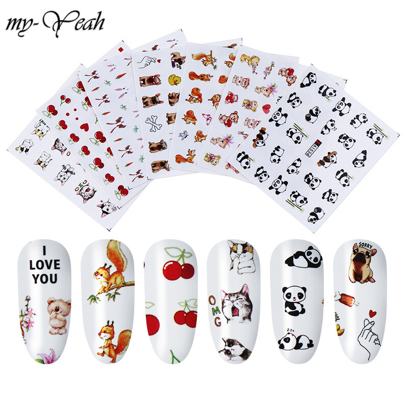 myyeah 7 Pcs/Set Nail Art Water Transfer Sticker Cute Animal Cherry Design Watermark DIY Nail Tips Decal Manicure Decorations