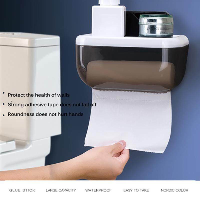 Toilet Paper Roll Holder Plastic Tissue Rolls Stand Dispenser Wall Mounted Self Adhesive Without Drilling Waterproof Dustproof for Bathroom Kitchen White