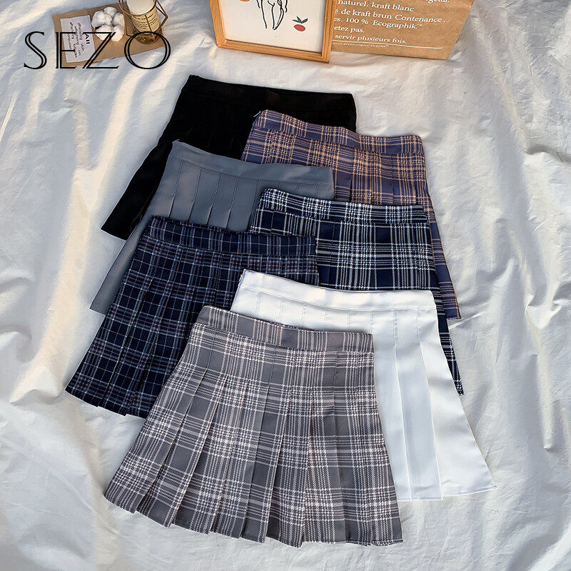 SEZO Hàn Quốc Phiên Bản, Váy Ngắn Chữ A Phong Cách Đại Học Kẻ Ca Rô Xếp Ly Cạp Cao