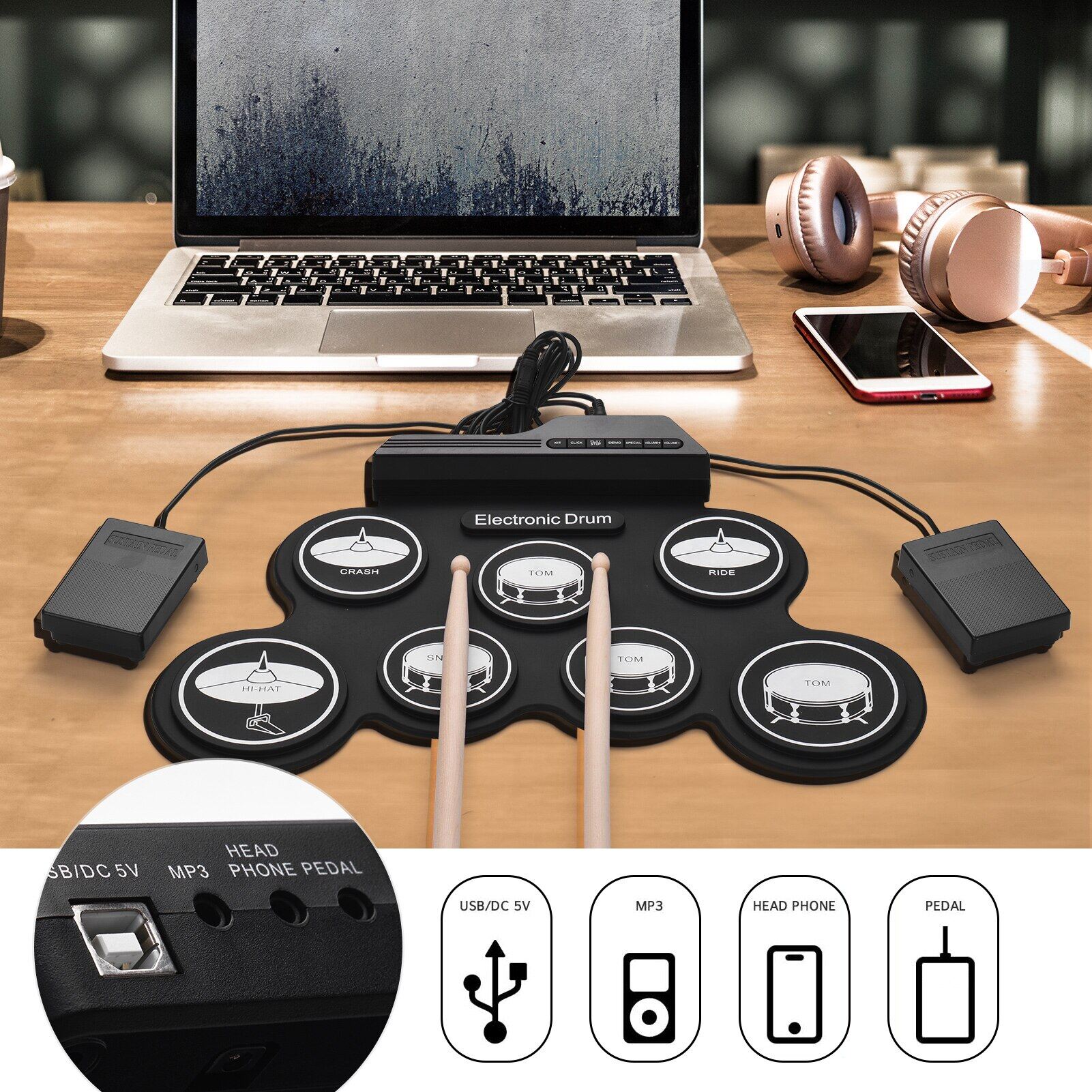 Trống Bộ Trống điện tử kích thước nhỏ gọn USB gấp Silicon đệm trống kỹ thuật số Bộ trống điện tử 7-Pad với bàn đạp chân có dùi trống