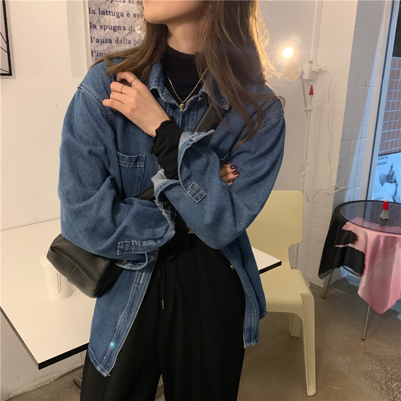 Large size fat mm spring and autumn Korean design sense loose and versatile polo collar style stacked denim shirt jacket female