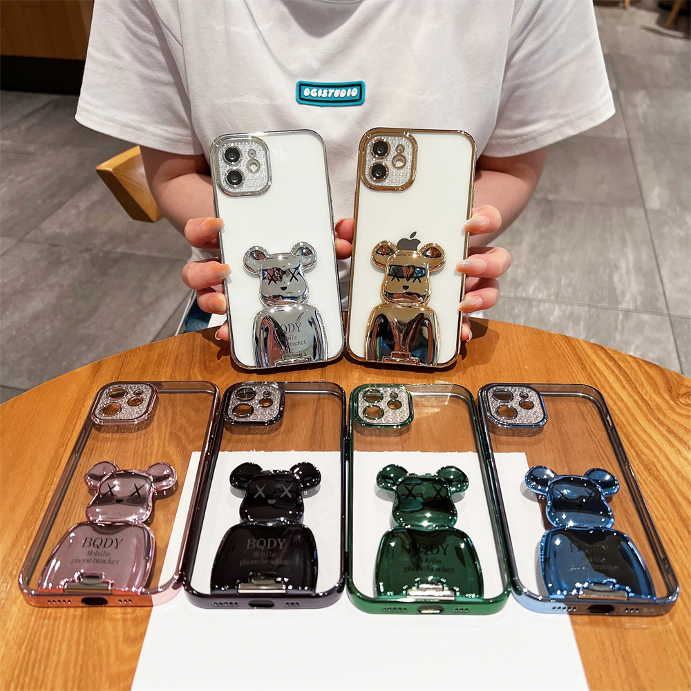 Cute Cartoon Bear Electroplating Bracket Phone Case for IPhone 11 12 13 Pro Max 7 8 Plus SE 2 Case Xr Xs Max Luxury Transparent Electroplated Frame Phone Case