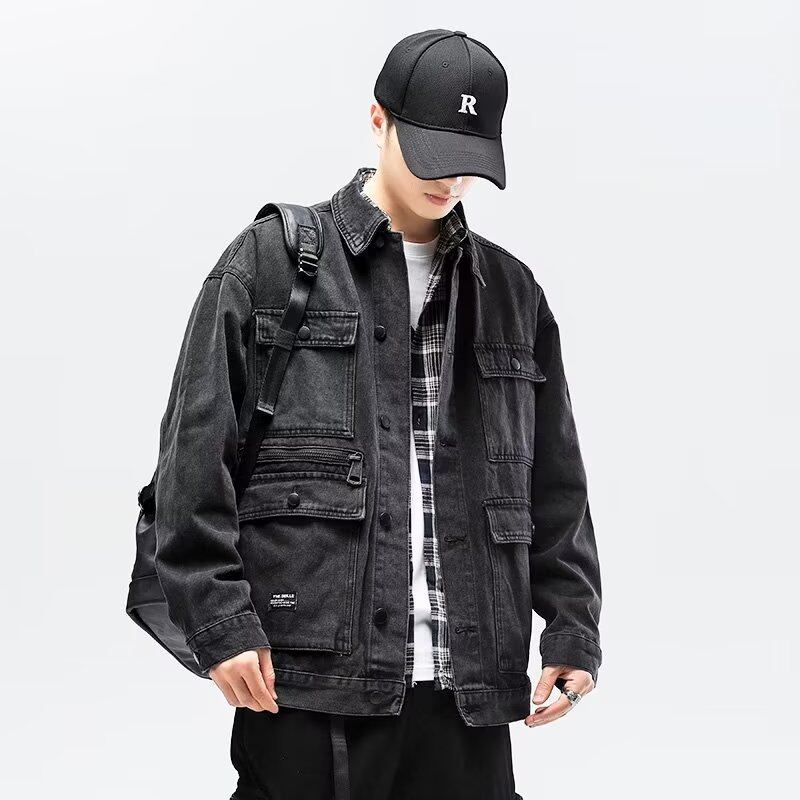 Retro Cargo Denim Jacket Men Plain Multi Pockets Washed Grey