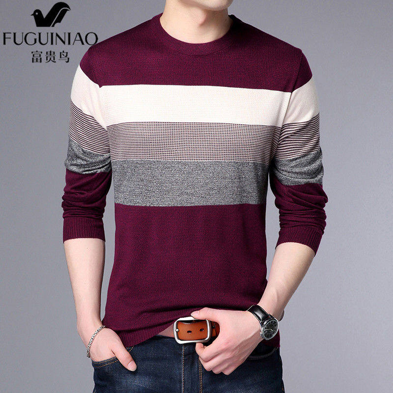 Valazo Fuguiniao genuine men's long-sleeved knit sweater plus velvet thick sweater youth autumn and winter round neck striped bottoming shirt tide