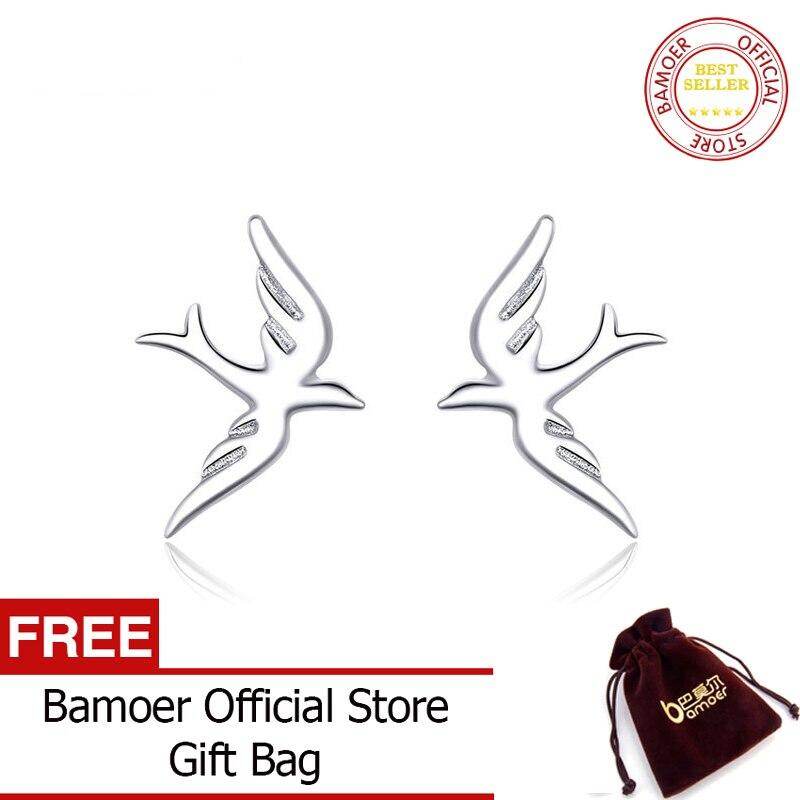 BAMOER Spring Swallow Stud Earrings for Women 925 Sterling Silver Jewelry Vivid Flying Bird Earing for Girl Design BSE302