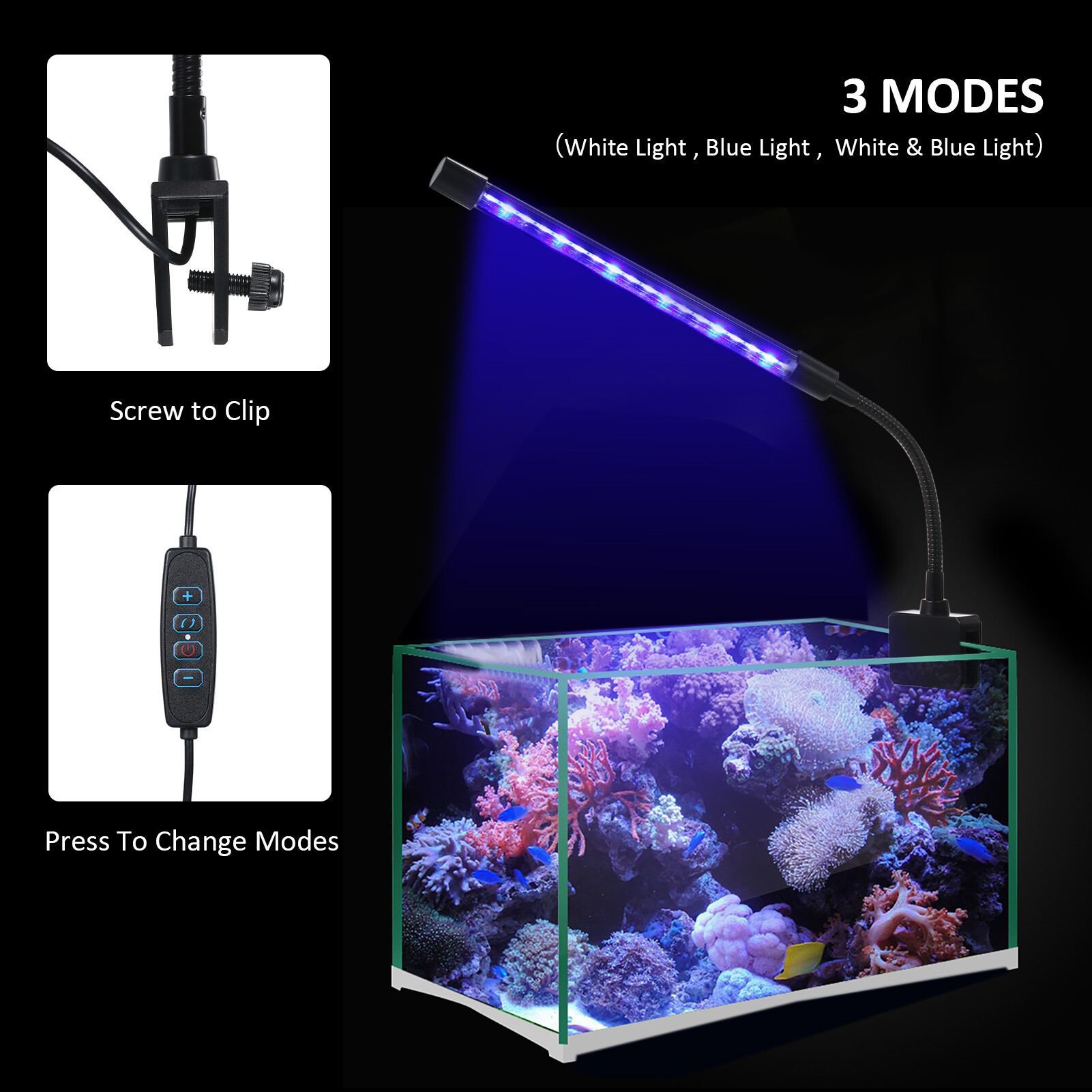 D C 5V 7W 18 LED Aquarium Light Fish Jar Clamp Clip View Lamp USB Powered Operated 3 Lighting Colors Changeable 10 Levels Adjustable Brightness Dimmable Flexible Bendable Foldable Tube Design Portable