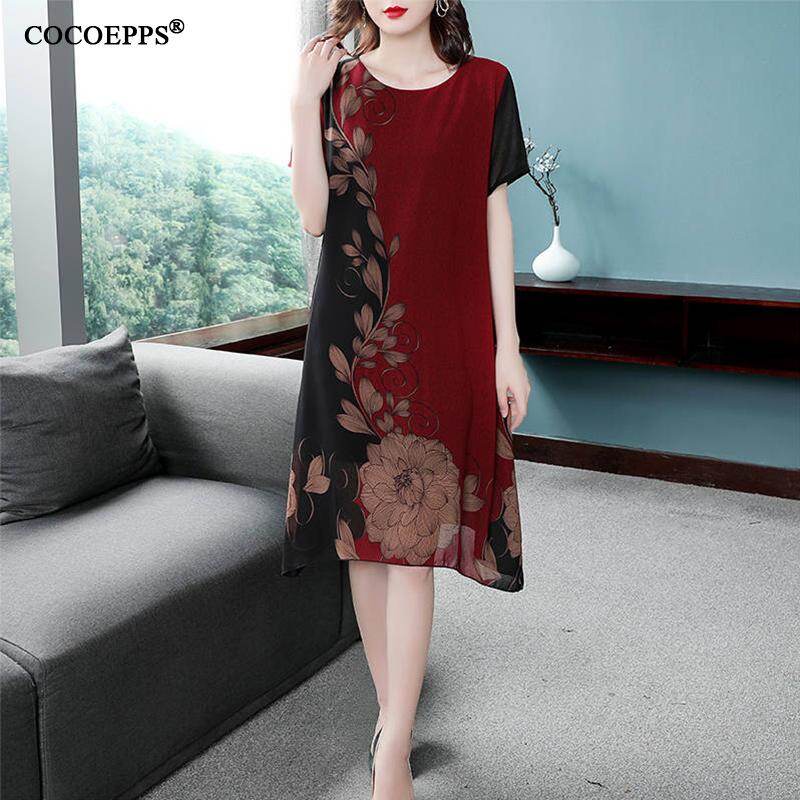 COCOEPPS 2024 Mother Summer Cool Chiffon Print Dress Fashionable Middle-aged Female Summer Noble Short-sleeved dresses for women
