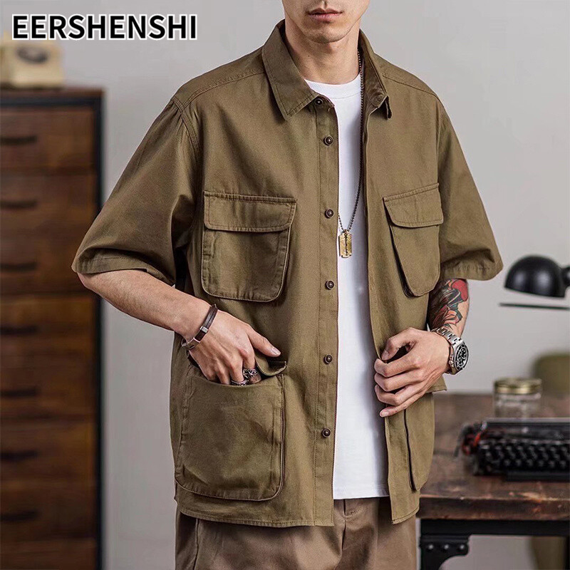 EERSHENSHI Men's Vintage Short Sleeve Shirt American cargo shirt cotton Khaki multi-pocket casual shirt