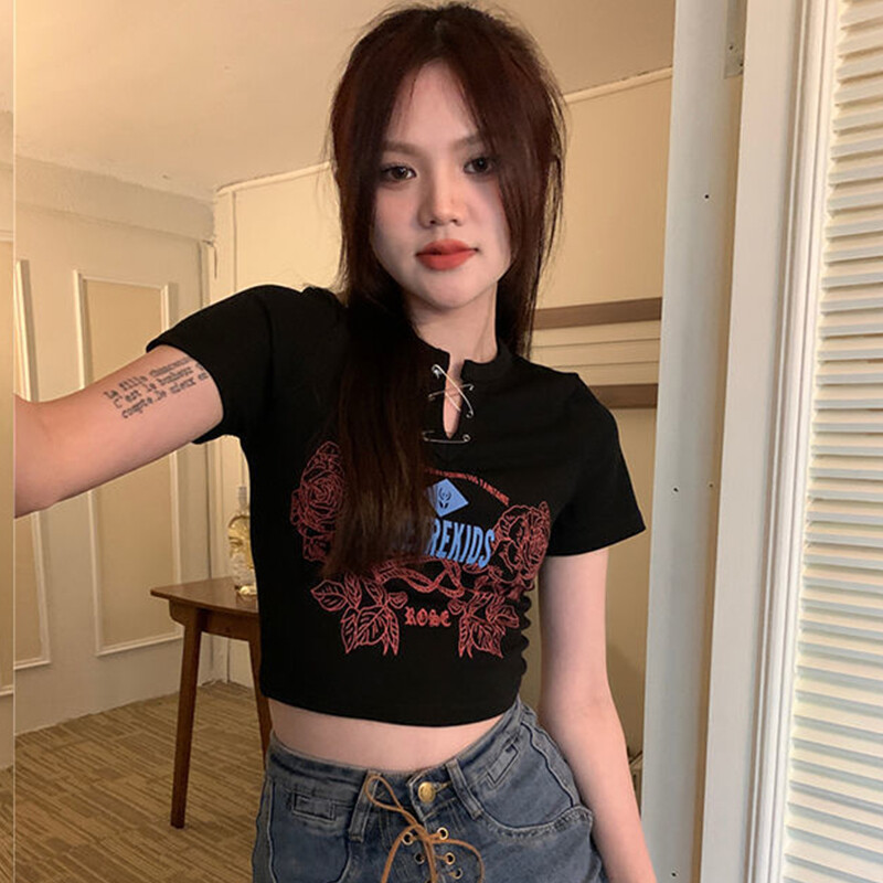 Beautifultime Female Crops Tops, Letter Flower Print Short Sleeve T-Shirt with Pins for Summer, Apricot/White/Black