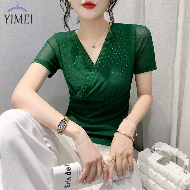 YIMEI Áo Thun Nữ Đẹp Quảng Châu Áo Phông Tay Ngắn Cổ Chữ V Kim Cương Nổi Bật Áo Phông Lưới Hở Áo Lót Cà Phê Thời Trang Nữ Ôm Vừa