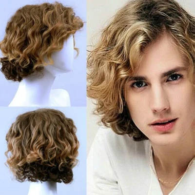 32 cm Wig for Men Short Curls Blonde Wig High Temperature Synthetic Fiber Wig Light Brown Gradient Full Wig