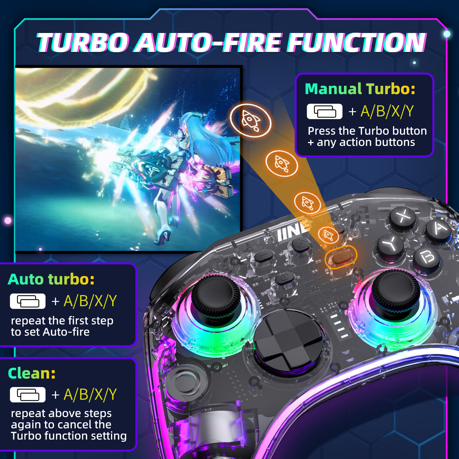 IINE Ares Transparent Wireless Controller with Headset Jack RGB Light compatible Nintendo Switch Steam