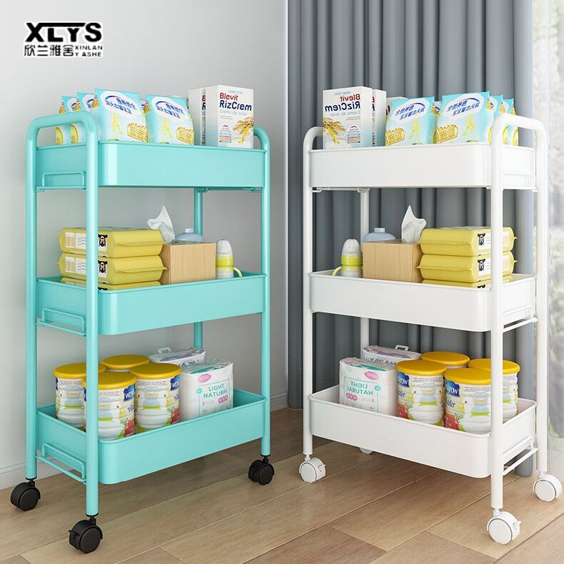 XINLANYASHE 4 tier shelf 3 tier shelf with wheels with hook and caster trolley shelf kitchen shelf bathroom shelf move candy shelf bathroom many layers bedside shelf