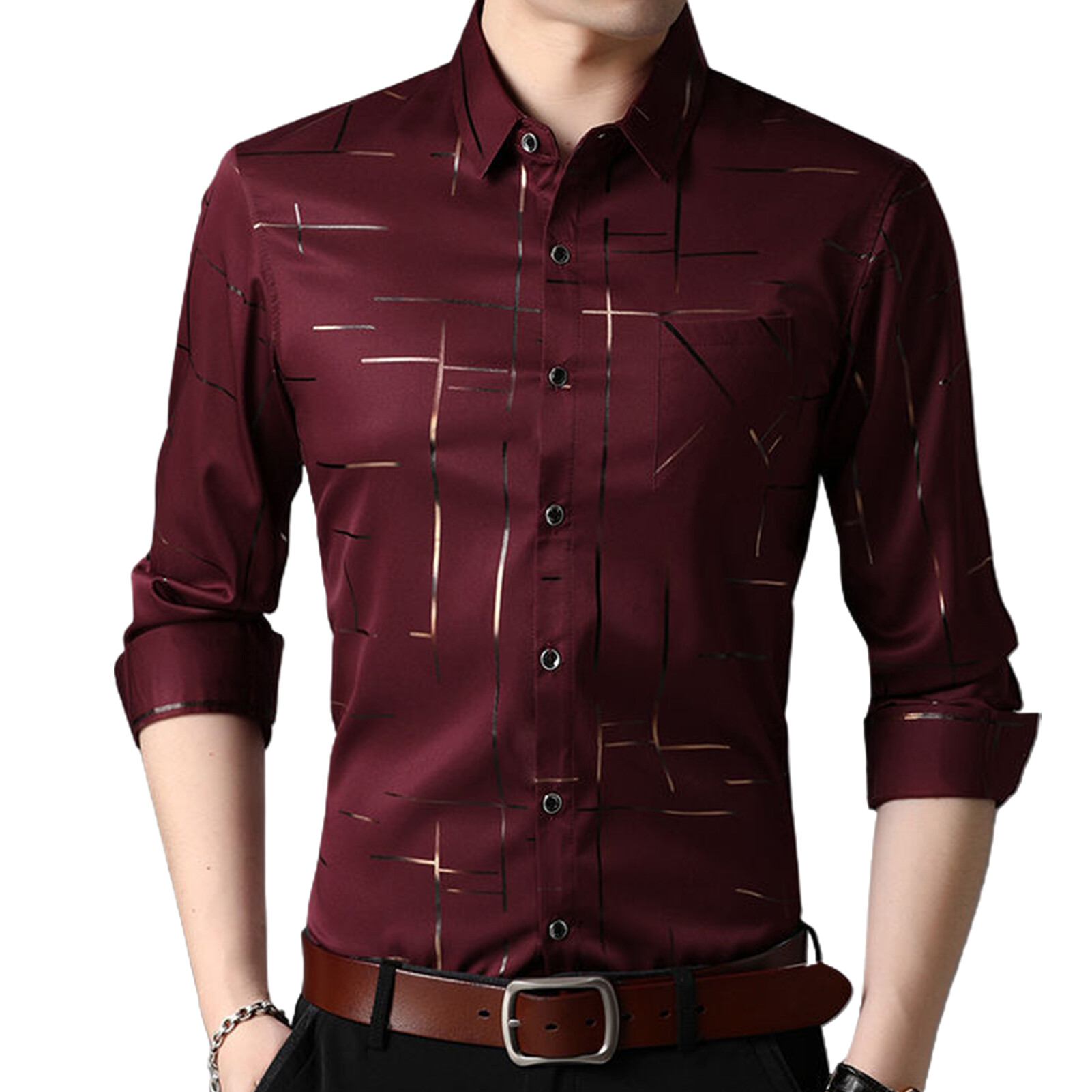 Ruimu® Men Long Sleeve Turn Down Collar Stripes Single-breasted Business Shirt Top
