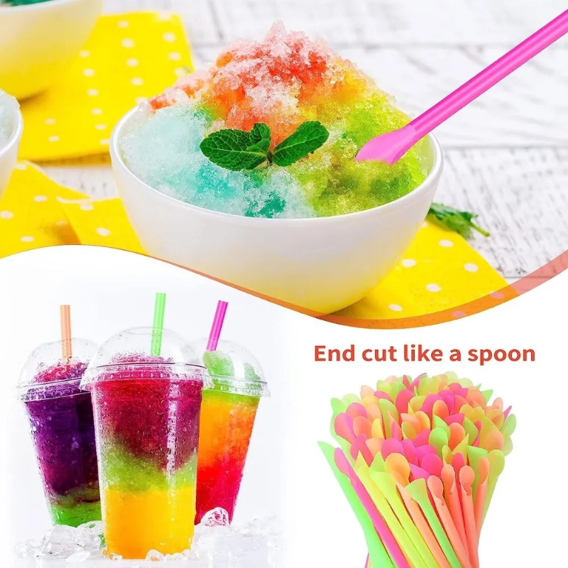 100pcs Plastic Drinking Straws Spoon Colorful Disposable Tea Tools Straw Eco Friendly Washable Bar Party Drink Accessories