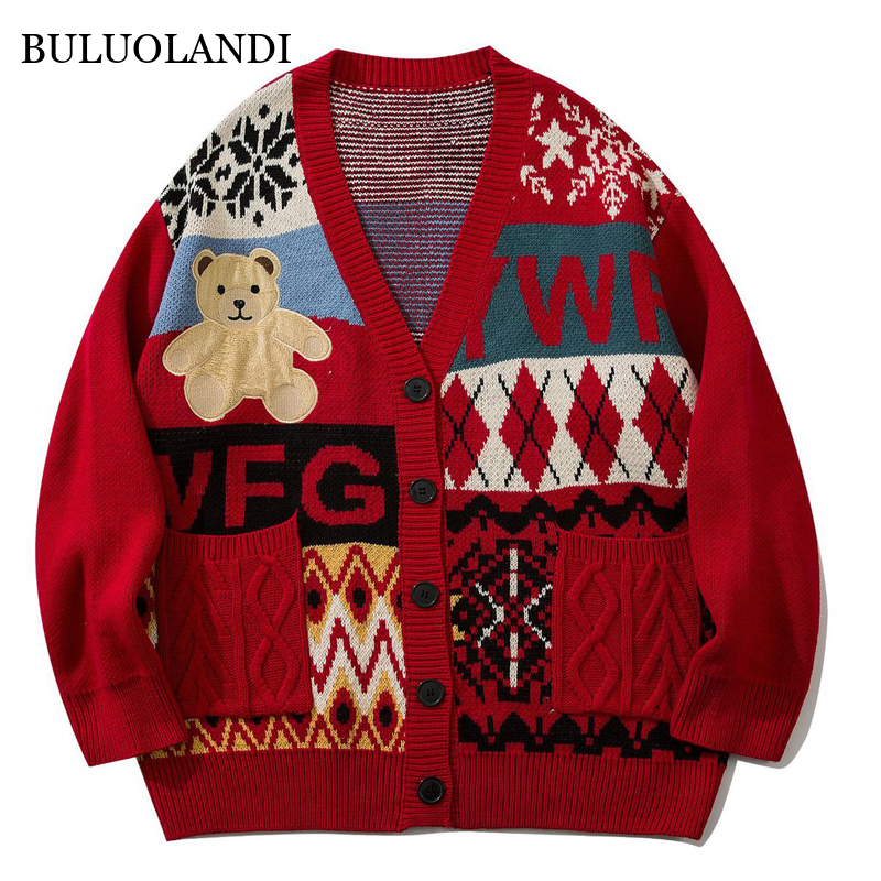 BULUOLANDI Sweater Cardigan Men Winter Hip Hop Loose Sweaters Coat Winter College Knitwear Jackets