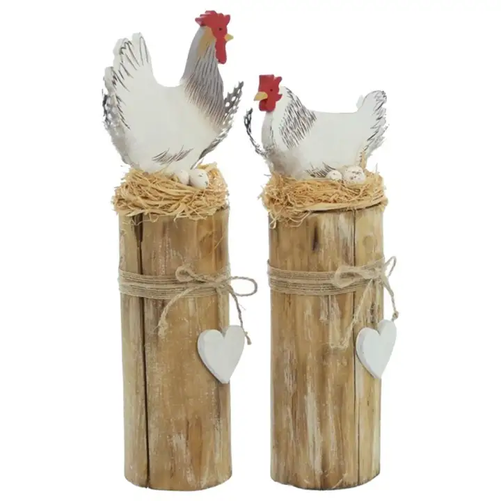 Wood Figurine Hen Rooster Shape Statue Animal Garden Sculpture