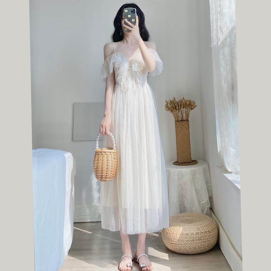 IELGY summer French temperament gentle off-the-shoulder ruffle tie mesh suspender dress for women