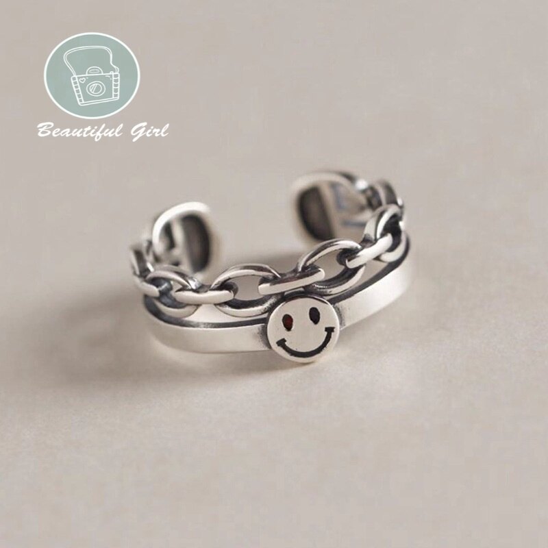 Beautiful Girl Retro Smiley Emoji Ring Double Layer Silver Plated Adjustable Opening Finger Rings for Men Women Fashion Gift