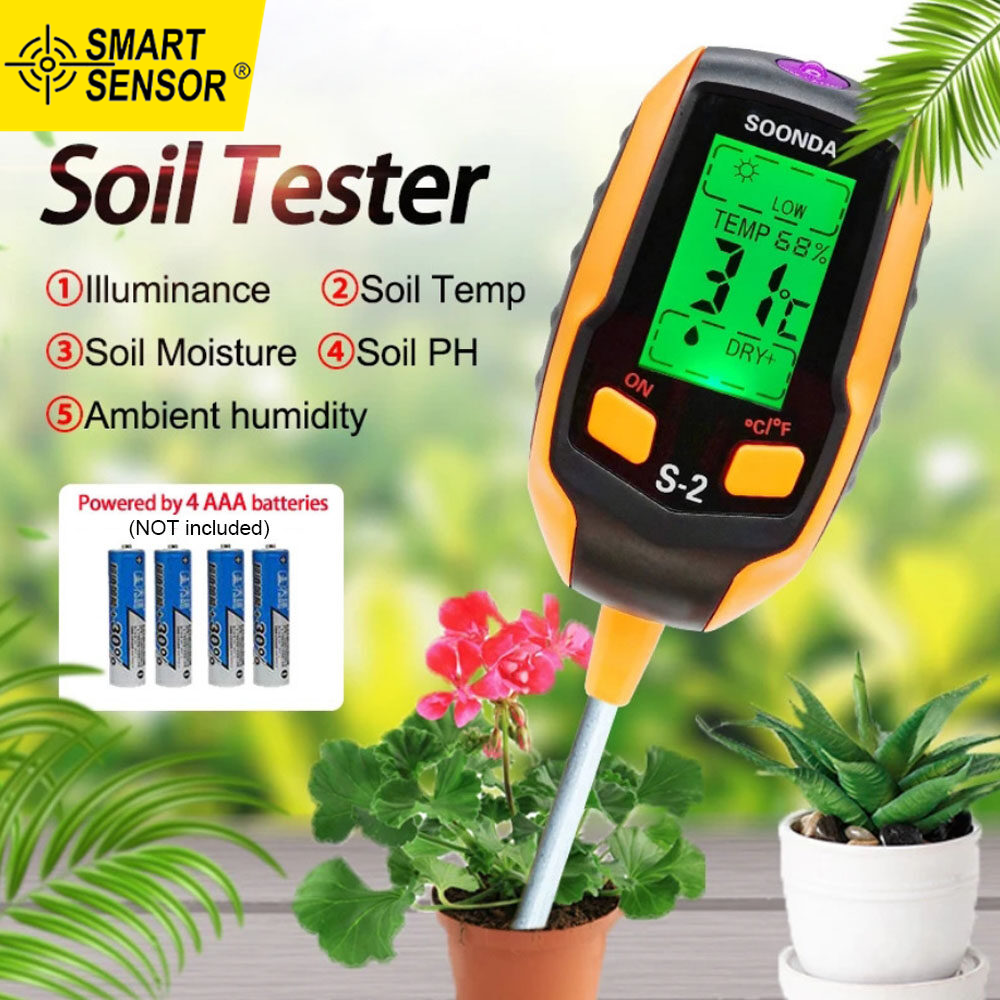 Smart Sensor 5-in-1 Soil Tester Multifunctional Soil Detector Moisture Meter pH Meter Temperature Soil/Ambient Moisture Sunlight Intensity pH Tester