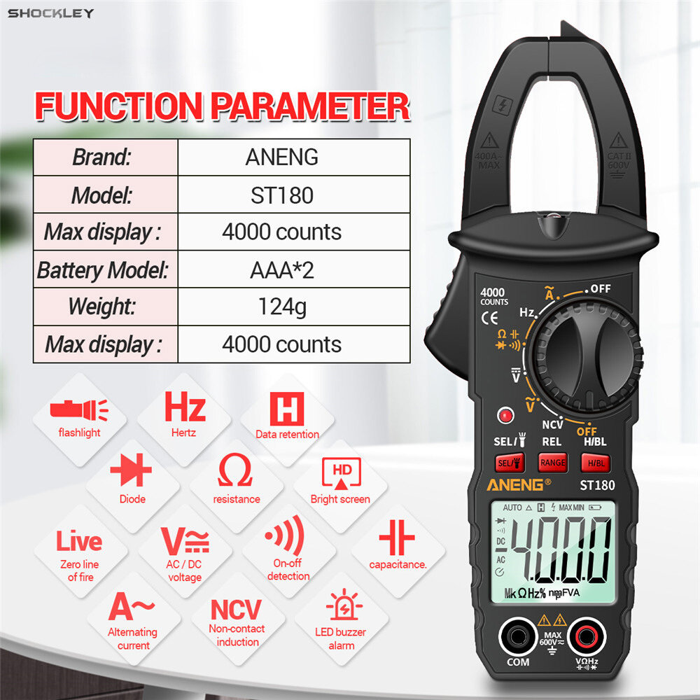 Shockley Digital Clamp Meter Multimeter Tester 4000 Counts Amp Ohm Volt Meter Measures AC Current AC/DC Voltage Capacitance Resistance